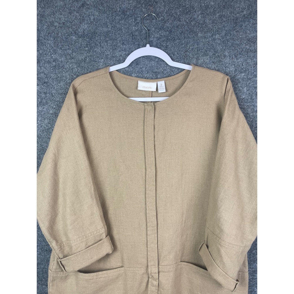 Chico's Tunic Top Womens 2 Tan Excellent Linen Cotton Button Front Pockets - Picture 2 of 13